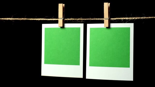 Two green rectangular sheets of paper in a white frame hang from a thin thread against a black background, attached with a clothespin, side view. Space for text.