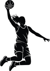 Silhouette of female basketball player jumping for slam dunk, dynamic sports action, athletic motion, fitness training, game performance vector illustration © bipul stok