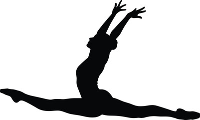 Fototapeta premium Silhouette of female dancer performing split leap jump, flexibility and strength training, graceful movement in gymnastics or ballet fitness concept