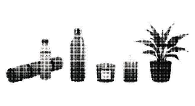 Halftone illustration of household items and a potted plant on white background