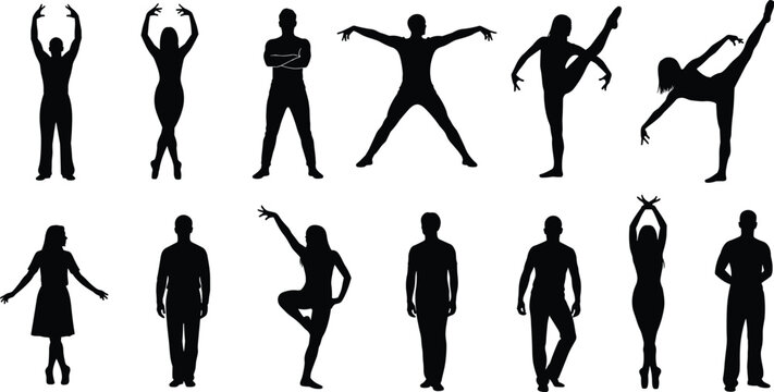Silhouettes of human figures in expressive dance and casual standing poses showcasing posture, movement, balance, and gesture illustration