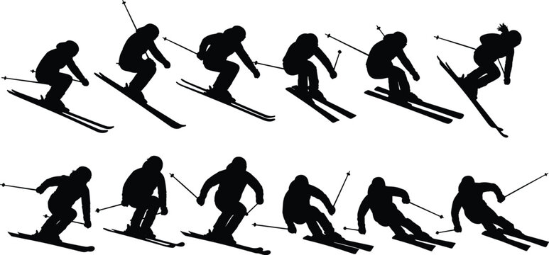 Silhouettes of skier performing jumps and turns in dynamic motion sequence showcasing winter sports, technique, speed, and athletic performance
