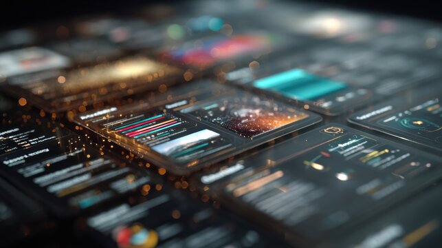 AI Research Interface Displays Structured Information Layers With Reflections and Glow, Captured With a 50mm Lens and F2.5 Aperture