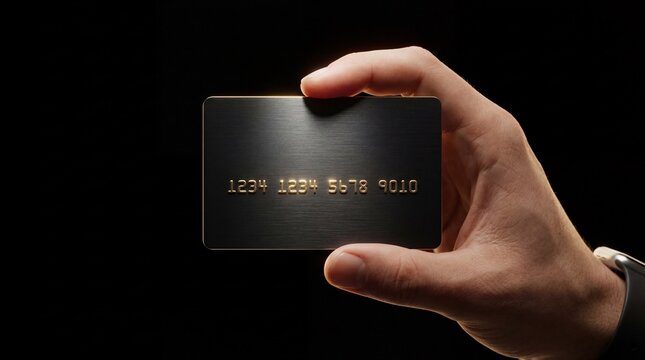 Hyperrealistic CGI cinematic male hand holding 
premium matte black metal credit card on black background, 
Amex Black Card luxury finance premium 
corporate banking photography