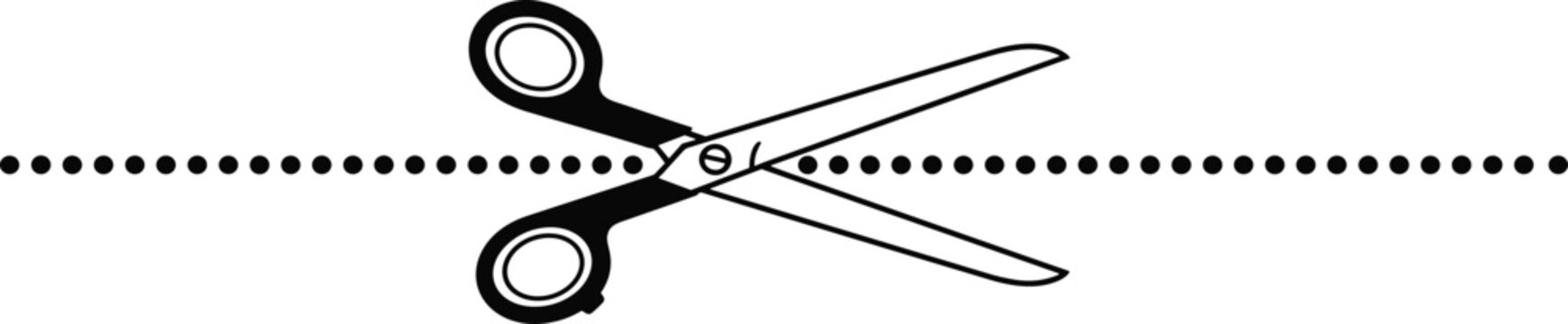 Black and white scissors icon vector illustration cutting along a dotted line, isolated on white background for coupons and crafts.