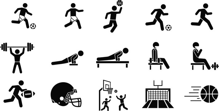 Sports silhouettes collection featuring soccer, basketball, gym workout, weightlifting, and fitness training icons isolated on white background vector set