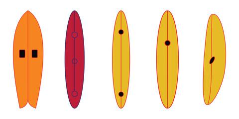 Fototapeta premium Surfboard & Surfing Icons – Flat, Stroke, and Silhouette Vector Set