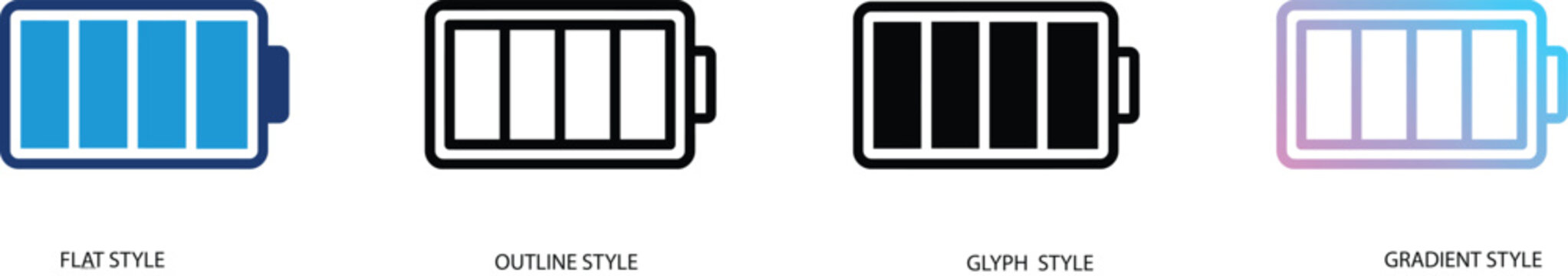 Full battery icon set in flat, outline, glyph and gradient styles representing maximum charge and power level. Concept of energy, electricity and accumulator status for UI, web and mobile app design.