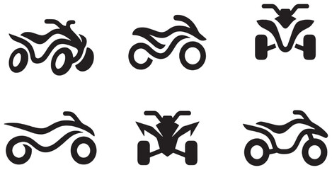 Collection of six stylized black icons representing motorcycles and ATVs, presented in a clean, modern graphic style. © Riki