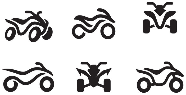 Collection of six stylized black icons representing motorcycles and ATVs, presented in a clean, modern graphic style.
