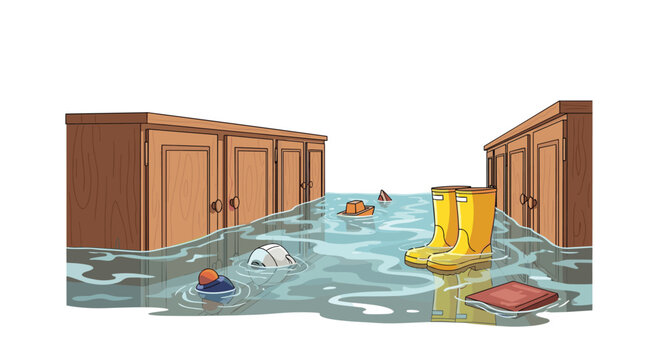 A storage room or basement is heavily flooded with murky water, reaching halfway up wooden cabinets with various items floating.