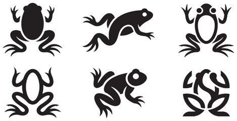Fototapeta premium Collection of stylized black frog icons in different poses and designs.