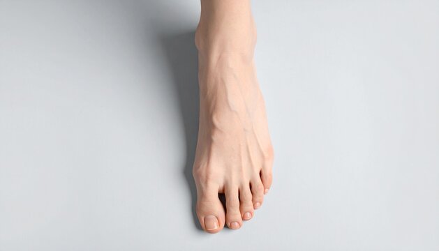 Top view of a human foot with bunion deformity (hallux valgus) on a light grey background