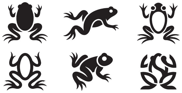 Collection of stylized black frog icons in different poses and designs.