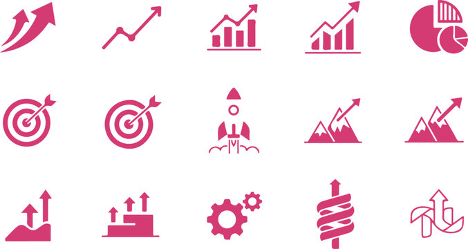 Collection of colorful upward trend and growth icons featuring charts graphs and target symbols on transparent background