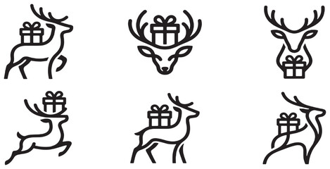 Set of stylized reindeer icons with gift boxes, perfect for Christmas and holiday designs. © Riki