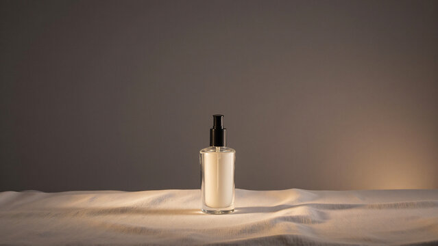 Elegant pump bottle with skincare product on soft fabric in a minimalist setting