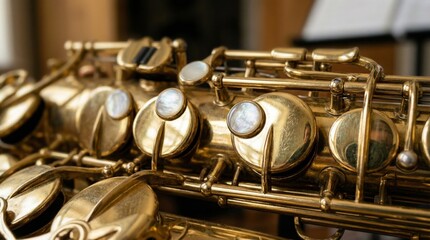 Obraz premium Close up of a golden saxophone keys and brass body
