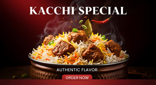 Kacchi special biryani with steaming rice and chicken meatball