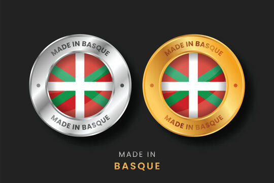 High-quality gold and silver metallic stickers with the Basque Ikurria flag. Origin icons for Basque Country products, regional manufacturing, and cultural export quality marks.