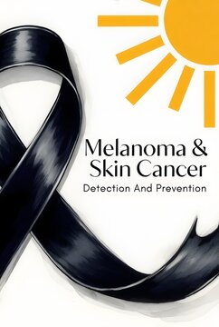 Stylized black ribbon and sun graphic promote awareness for melanoma and skin cancer detection.