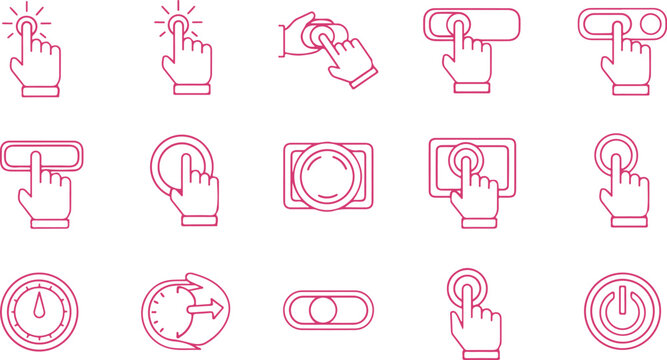 Collection of minimalist flat design icons showing various hand gestures interacting with digital devices and controls