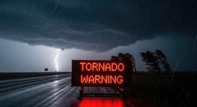A road sign with the words 'Tornado Warning' illuminated in red letters, standing on the side of a road with a stormy sky in the background.