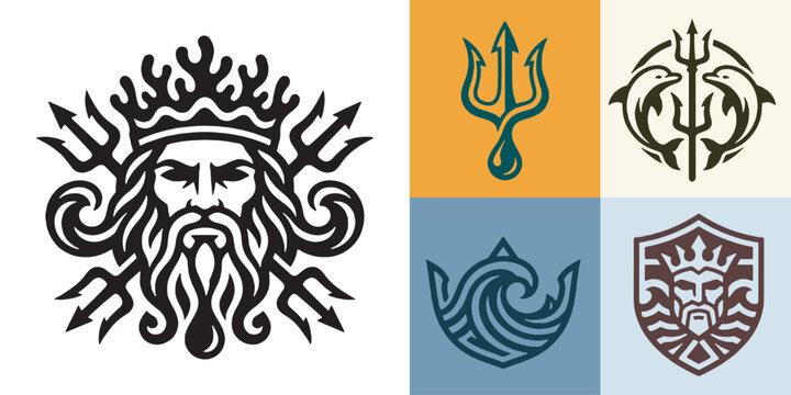 Collection of Nautical Symbols and Icons Featuring Neptune, Tridents, Waves, and Dolphins.