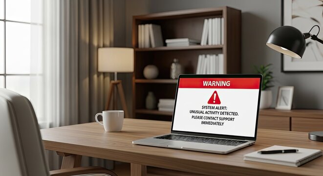 A laptop with a warning message on its screen, placed on a wooden desk in a modern office setting.