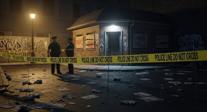 Two police officers stand outside a dilapidated building with graffiti, surrounded by crime scene tape and debris, in a dimly lit, urban setting with a streetlight and a lamppost.