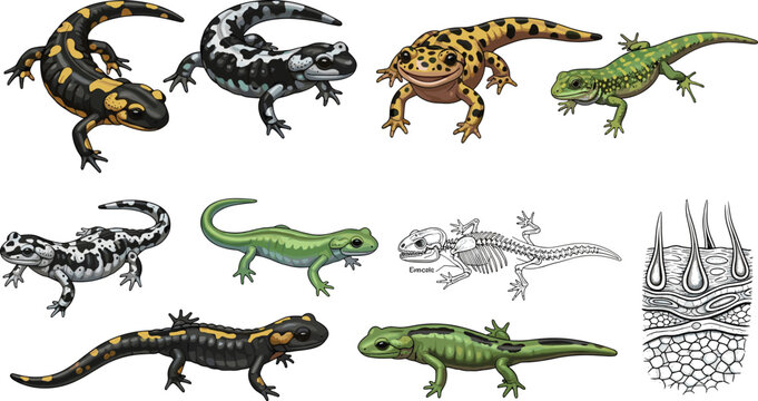 Salamander and Newt Illustration Set Featuring Various Species, Skeleton, and Detailed Anatomy for Websites, Apps, and Digital Media