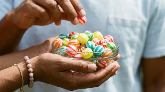 A person holding a handful of colorful candy