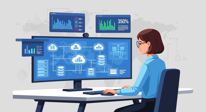 Focused professional woman analyzing complex data, network infrastructure, and cloud computing analytics on a large computer monitor at an office desk in a bright studio background.