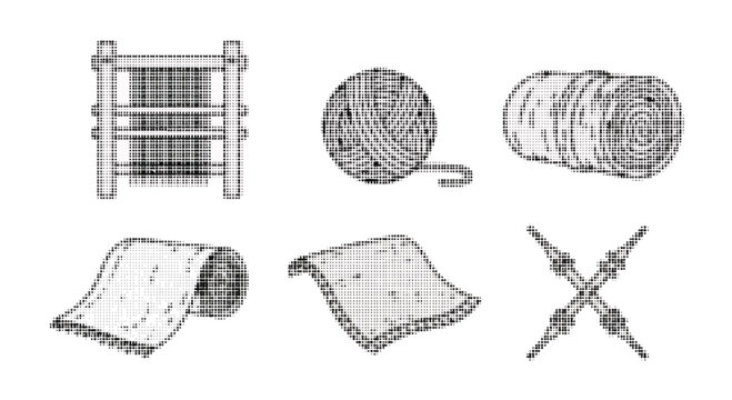 Halftone illustrations of various fabric and textile materials and tools  rolls sheets and scissors