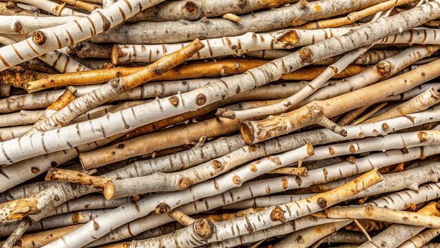 A profusion of intertwined birch branches, exhibiting a spectrum of textures and hues from pale ivory to warm amber, creating a captivating visual tapestry of natural wood