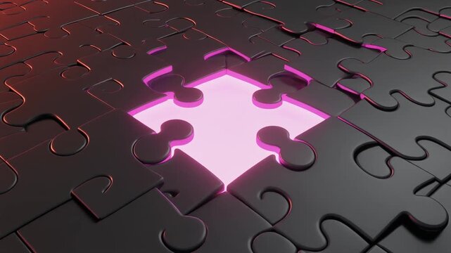 Missing jigsaw puzzle piece glowing with pink light business concept