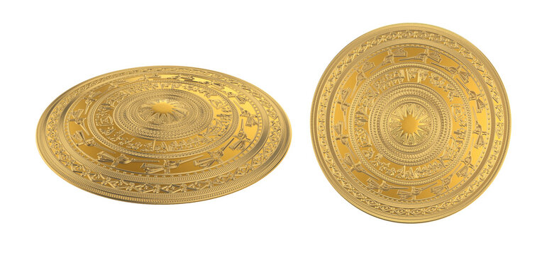 Dong Son Drum Ancient Patterns &ndash; Vietnamese Cultural Heritage in Golden Brass. Floral motifs on bronze drums. Vietnamese traditional bronze drum pattern. Trống đồng Đ&ocirc;ng Sơn.