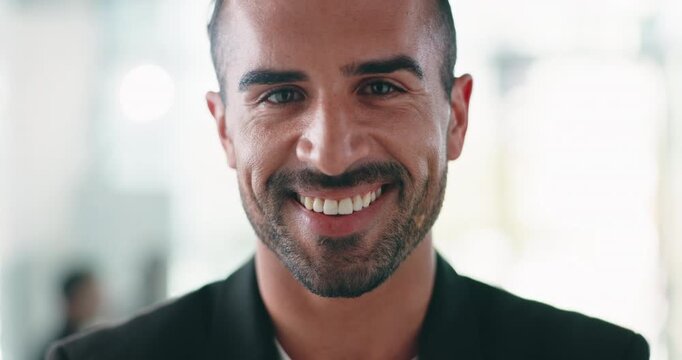 Finance, face or man in firm with smile, career pride or ambition as funding advisor. Portrait, space or investment consultant in agency with happiness, confidence or experience in risk management.