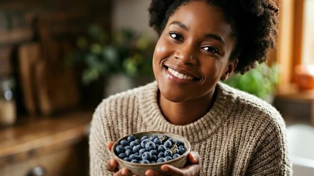 A person of color embraces the vibrant goodness of fresh, ripe blueberries, capturing a moment of wholesome, healthy living and joy, as she displays a bowl of fresh blueberries.