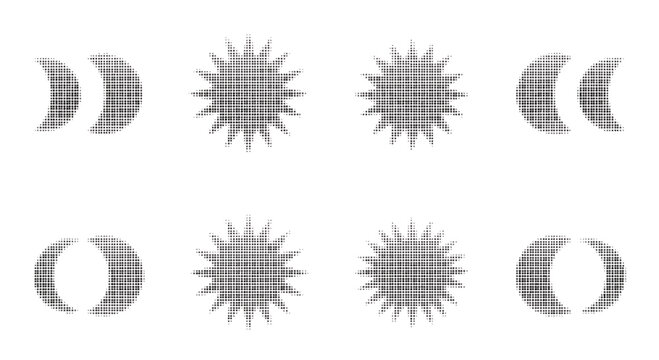 halftone moon phases and sun icons in gray dots on white background