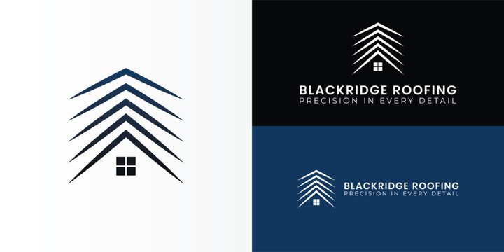 The minimalist roofing logo features layered rooflines that form a bold triangular peak above a window, symbolising structure and protection. The clean design conveys strength and premium quality.