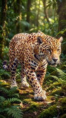 Naklejka premium Majestic Leopard Walking in Lush Jungle Leopard Jungle Wildlife Nature Big Cat Animal Forest. Concept featuring leopard, jungle, wildlife, nature, big cat for professional commercial design.