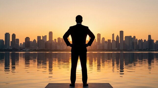 A silhouette of a confident businessman standing with hands on hips against a city skyline sunset