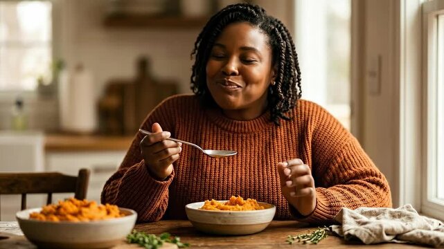 A person savors a delicious, wholesome meal, embodying the essence of mindful eating, in a homely and inviting kitchen.