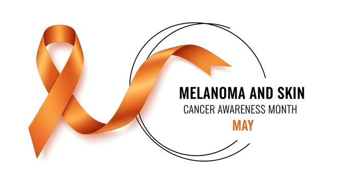 Vibrant orange ribbon, a powerful symbol for Melanoma and Skin Cancer Awareness Month in May, is elegantly showcased on a bright white background with relevant text.