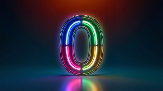 A vibrant glowing number zero character featuring a multi colored neon light effect on dark background