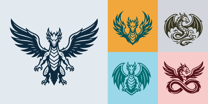 Collection of stylized dragon illustrations in various colors and poses, perfect for fantasy themes and graphic design elements.