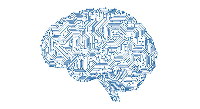 A detailed circuit board pattern, resembling a human brain, is rendered in blue lines and dots against a plain white background.