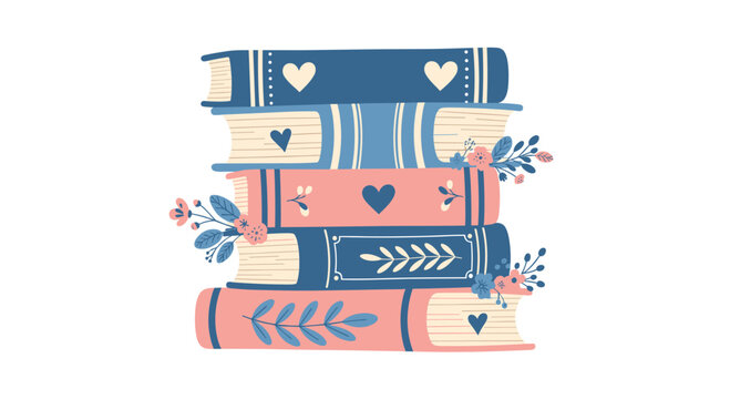 A vertical stack of five decorative books with blue and pink covers is adorned with small floral and leaf sprigs.