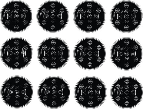 Black and white geometric illustration of twelve identical circular objects with symmetrical dot clusters, glossy highlight effect, arranged in 3x4 grid pattern for abstract design artwork